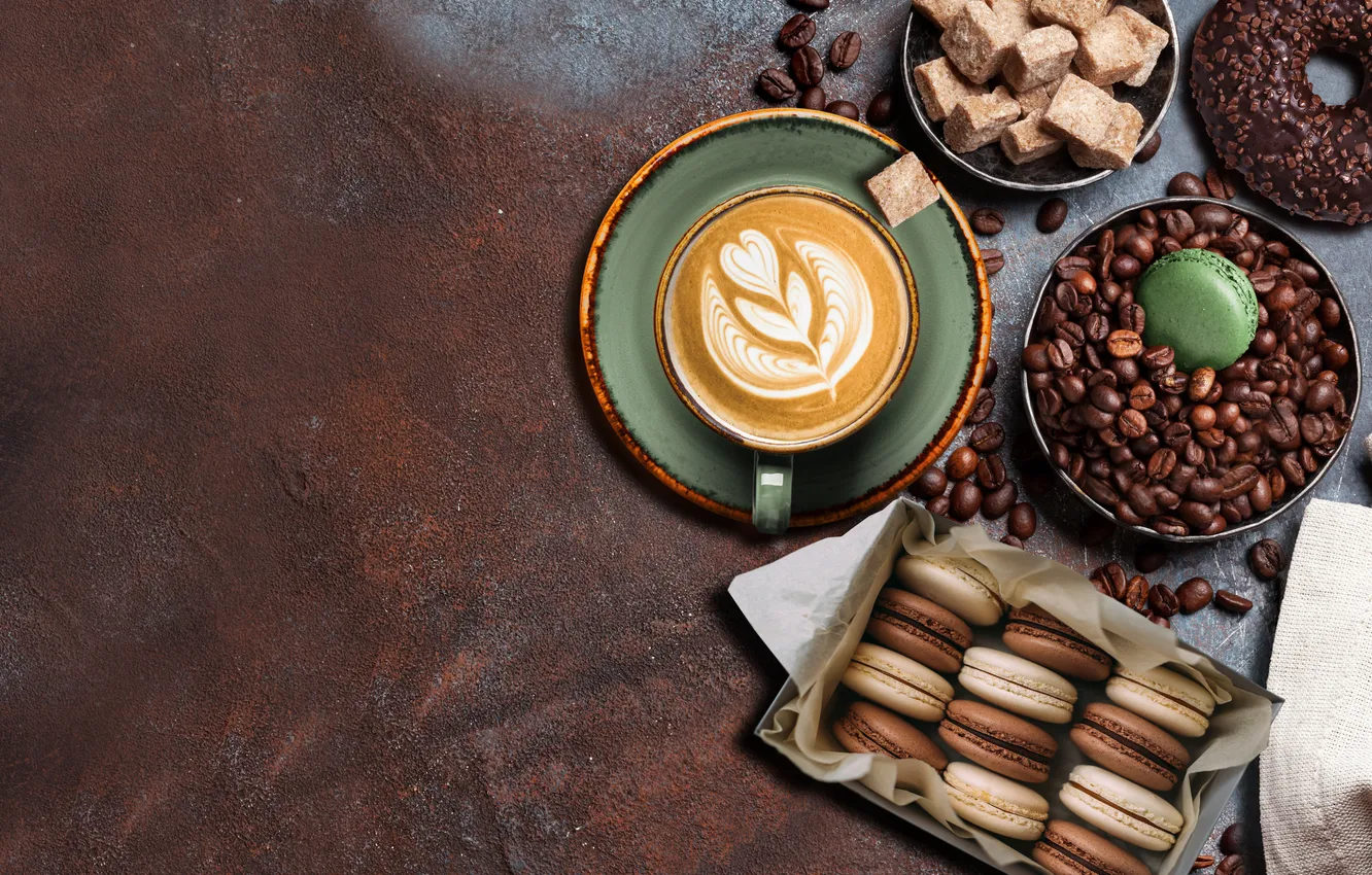 Photo wallpaper table, box, figure, coffee, cookies, Bank, sugar, drink
