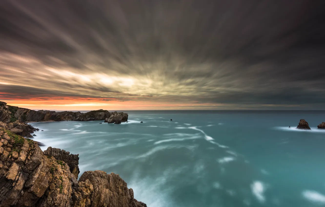 Photo wallpaper beach, sky, sea, sunset, seascape, rocks, shore, nature landscape