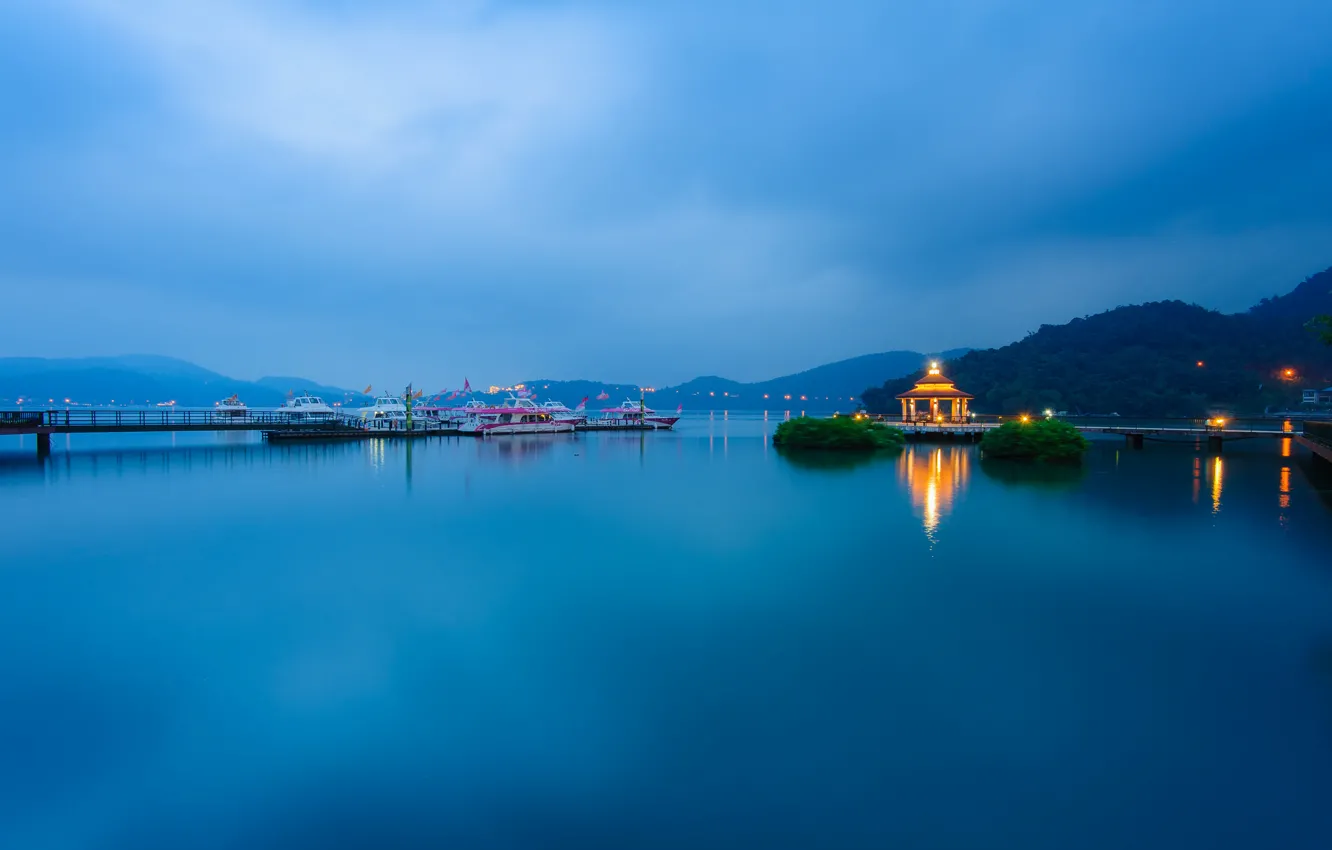 Photo wallpaper the sky, clouds, mountains, lights, lake, ship, the evening, pier