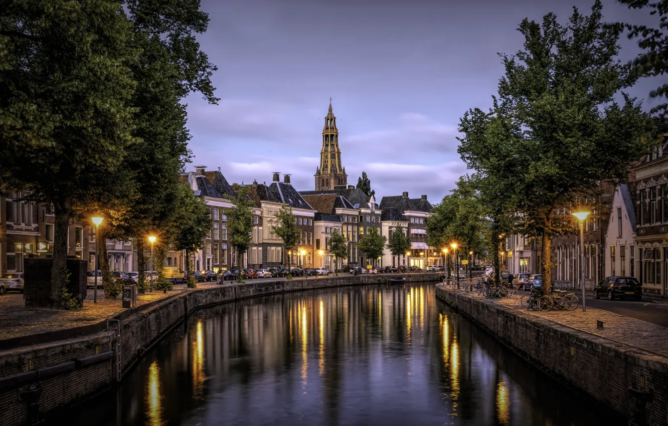 Photo wallpaper the city, building, home, the evening, lighting, channel, Netherlands, Holland