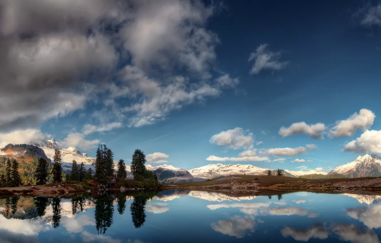 Photo wallpaper clouds, mountains, lake, reflection, panorama