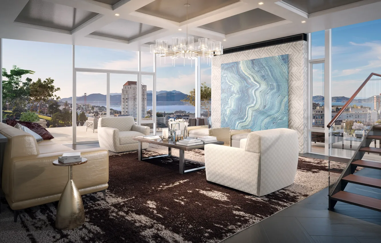 Photo wallpaper interior, megapolis, San Francisco, living room, grand penthouse, Pacific Heights