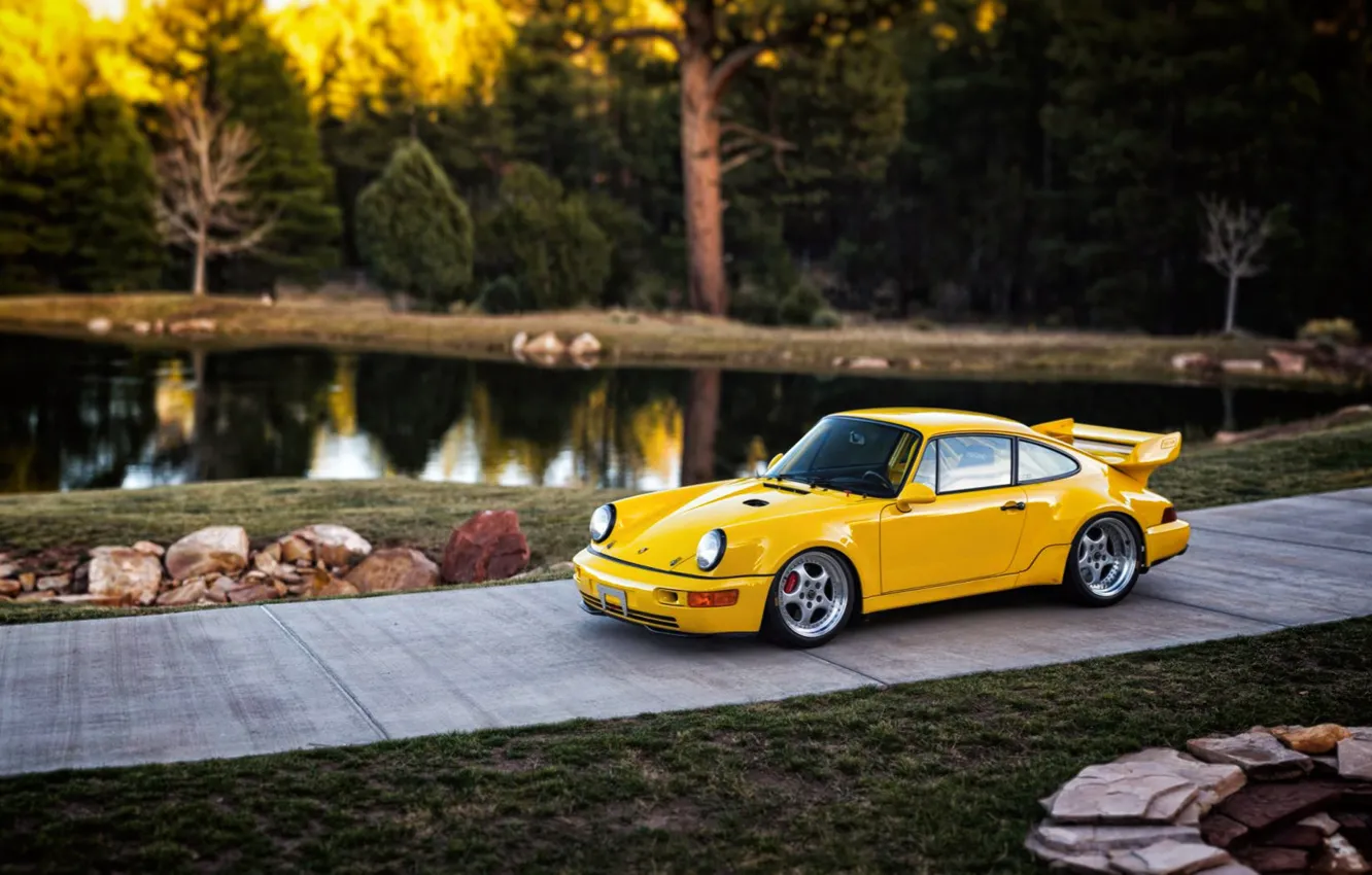 Photo wallpaper machine, auto, yellow, pond, 911, Porsche, Porsche 911, Carrera