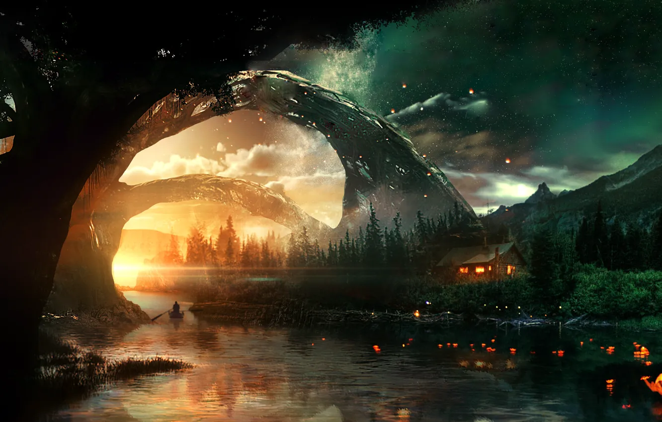 Photo wallpaper the sky, stars, trees, mountains, river, shore, boat, house