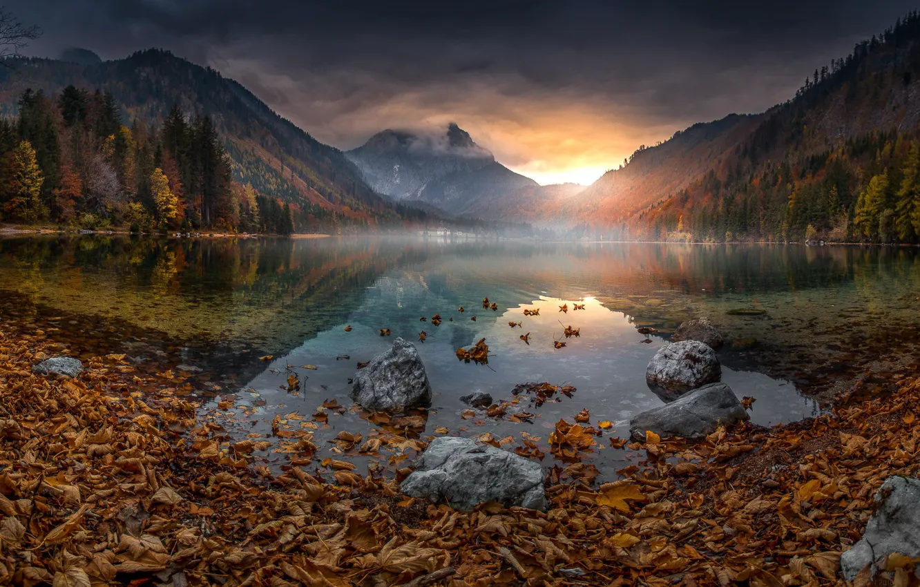Photo wallpaper autumn, leaves, sunset, mountains, lake