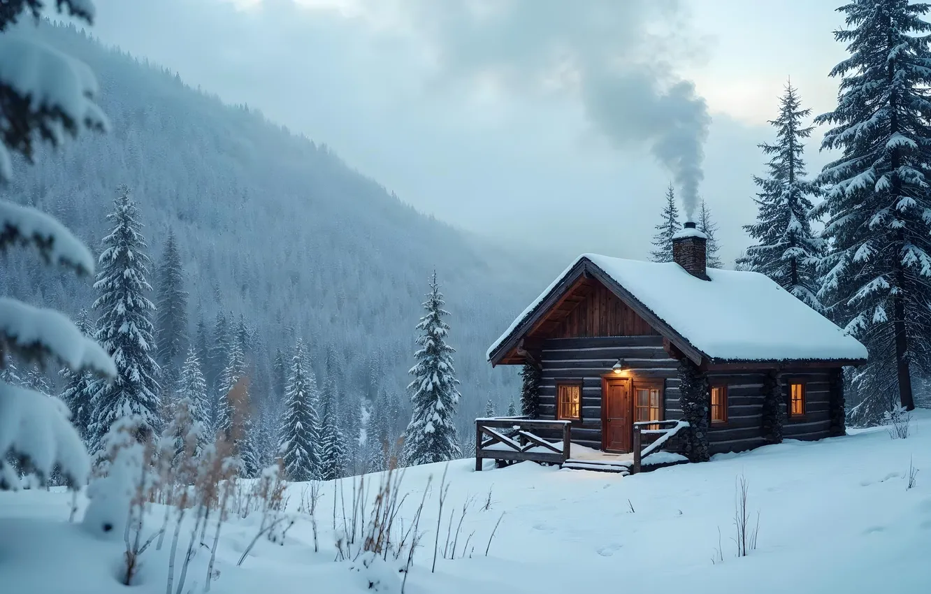 Photo wallpaper winter, forest, snow, mountains, tree, house, house, hut