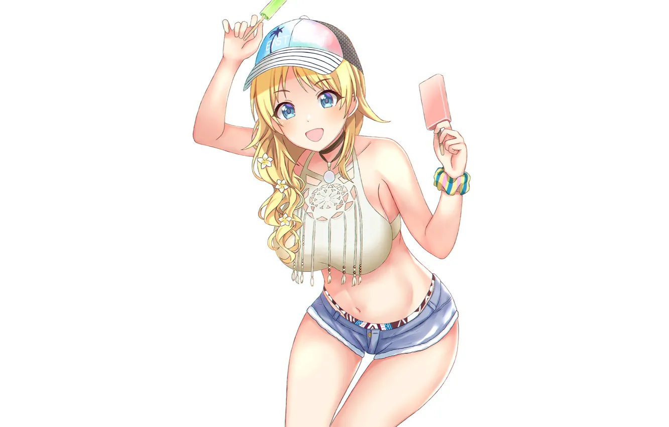 Photo wallpaper girl, sexy, cleavage, shorts, blouse, long hair, boobs, anime