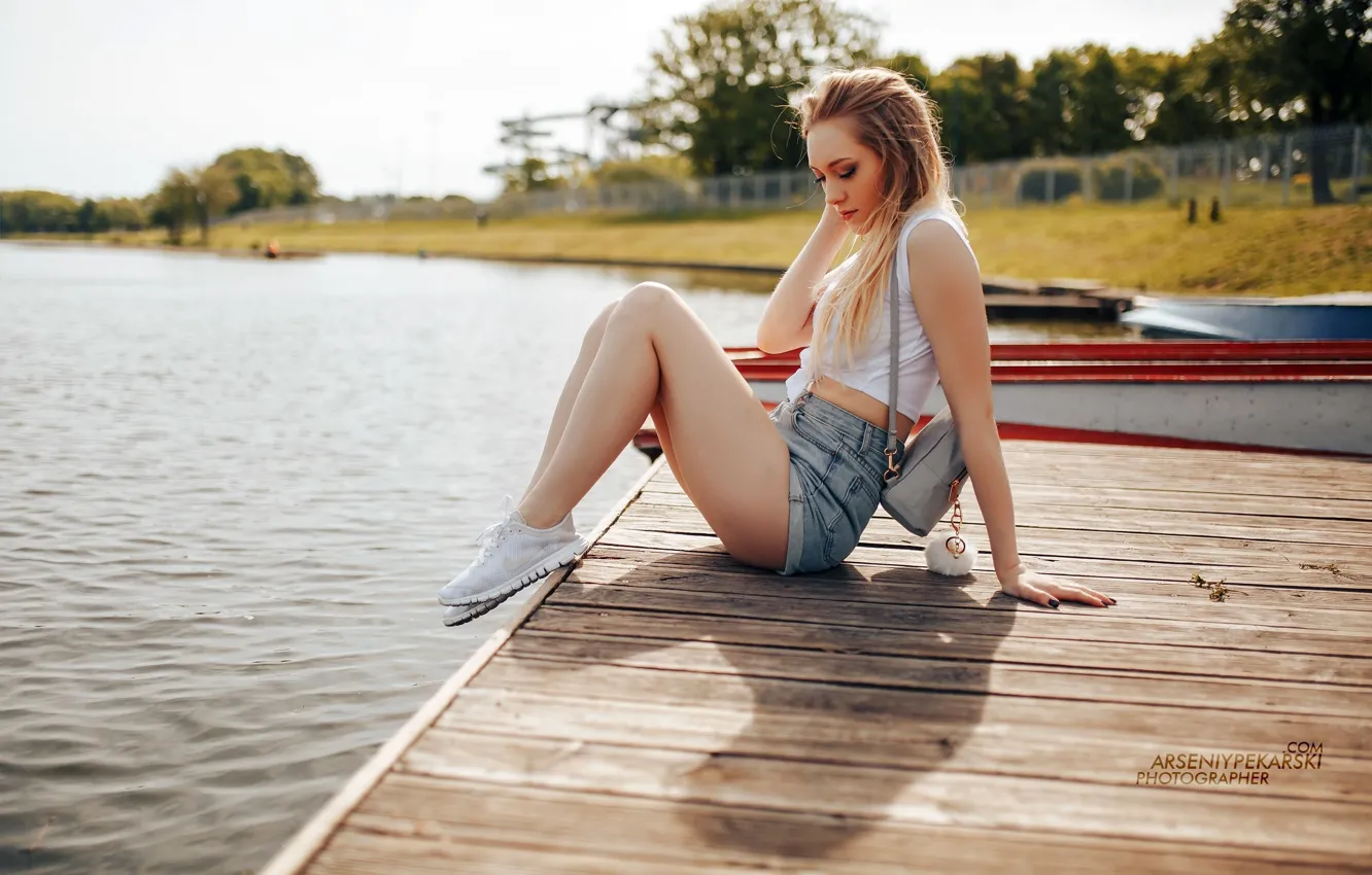 Photo wallpaper girl, the sun, landscape, sexy, pose, river, model, shorts