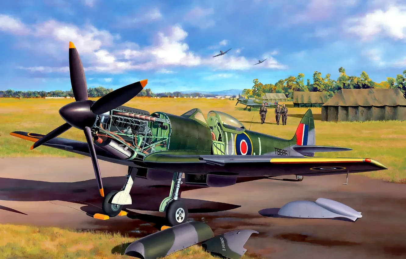 Photo wallpaper the plane, fighter, art, the airfield, English, BBC, pilots, Spitfire