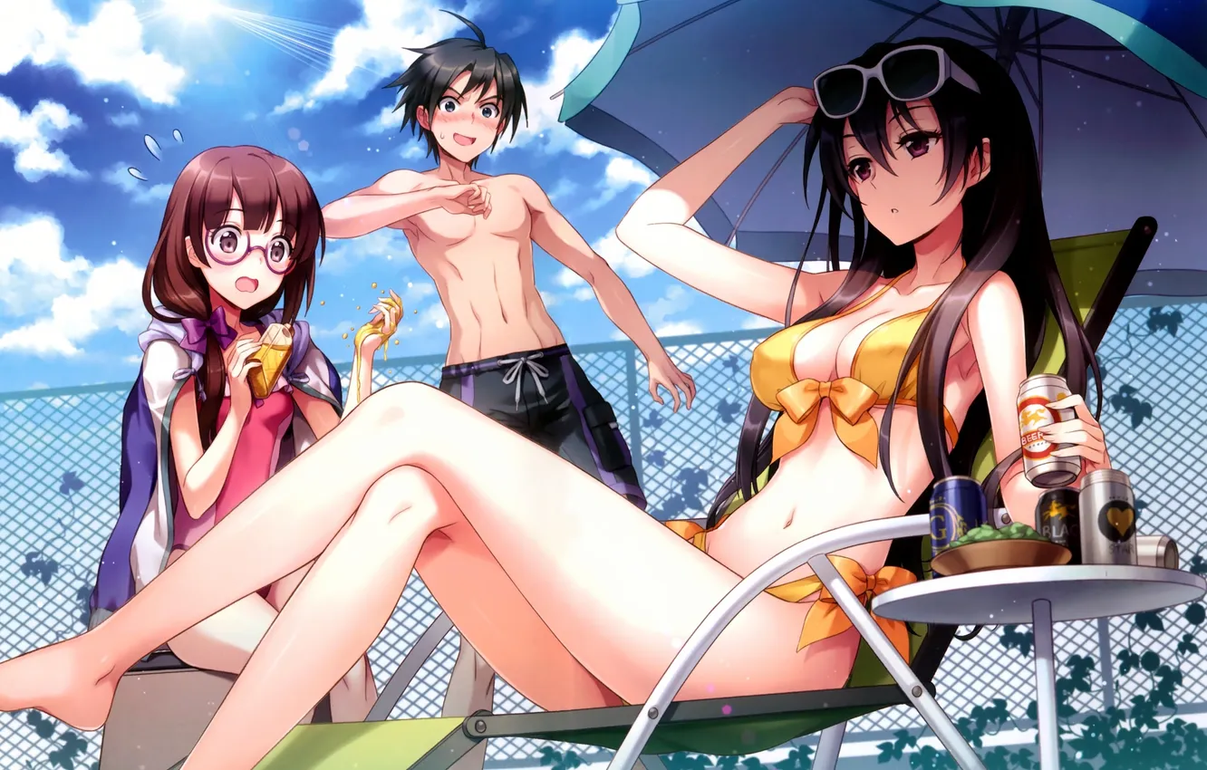 Photo wallpaper look, girl, surprise, drink, guy, bikini, art, sun loungers