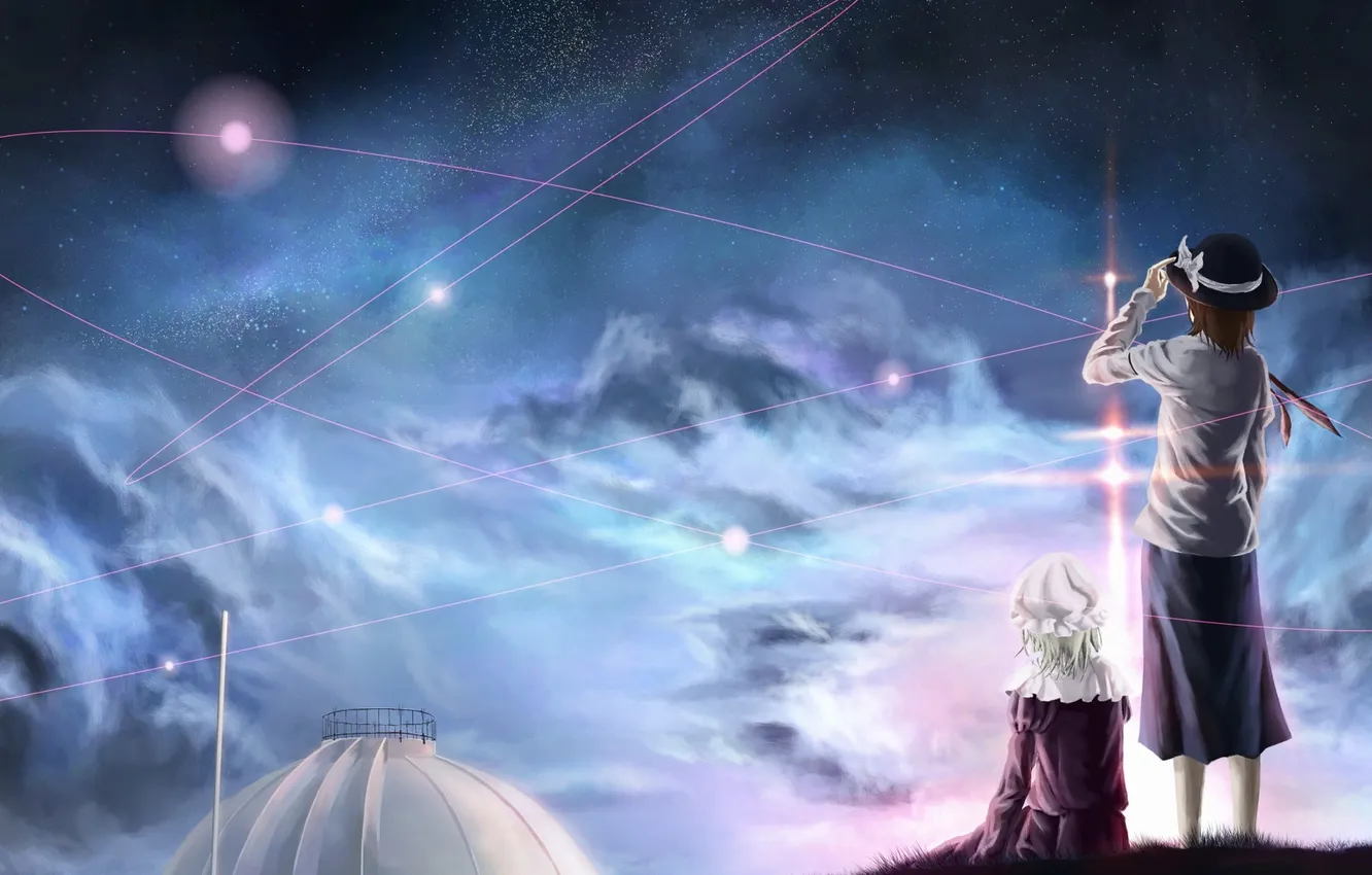 Photo wallpaper the sky, girl, stars, clouds, line, the wind, back, art