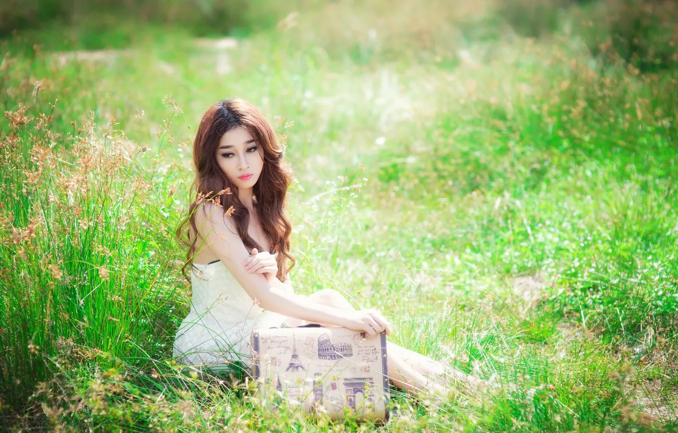 Photo wallpaper girl, suitcase, Asian