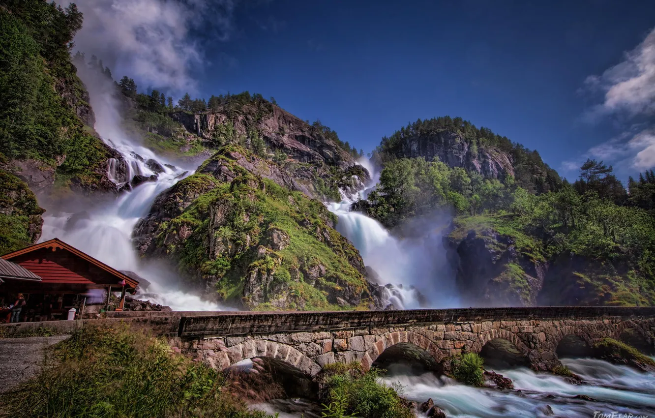Photo wallpaper bridge, nature, rocks, waterfall