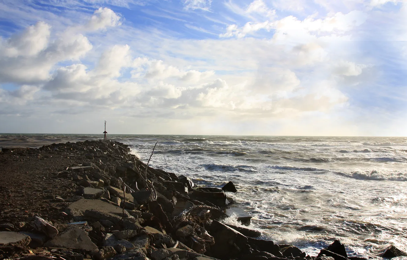 Photo wallpaper sea, wave, the sky, clouds, landscape, nature, stones, shore