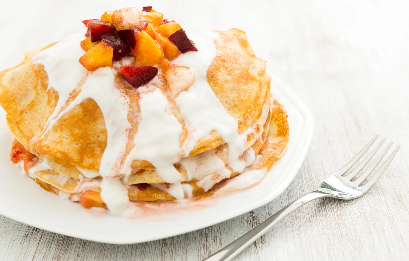 Photo wallpaper plate, plug, pancakes, yogurt