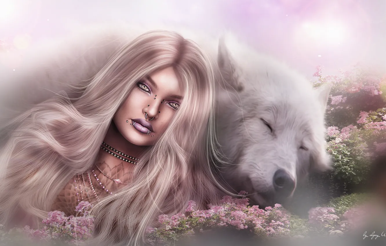 Photo wallpaper girl, nature, face, background, hair, wolf