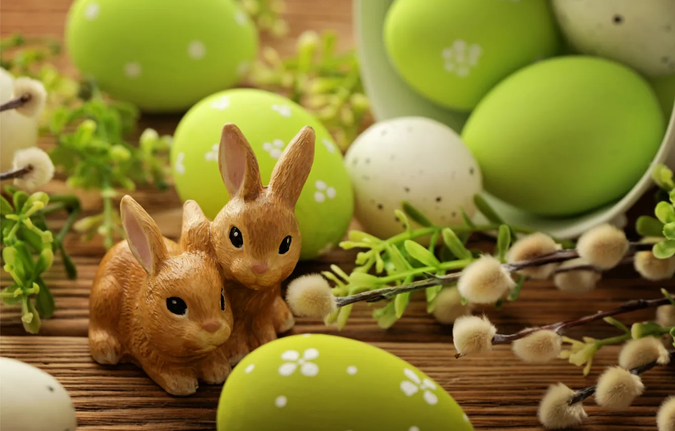 Photo wallpaper eggs, Easter, rabbits, Verba, flowers, spring, Easter, eggs
