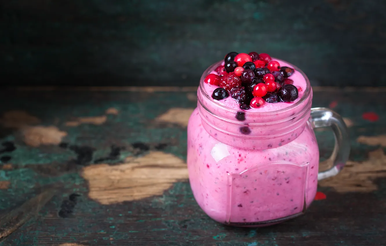 Photo wallpaper berries, raspberry, food, Breakfast, red currant, black currant, smoothies with yogurt