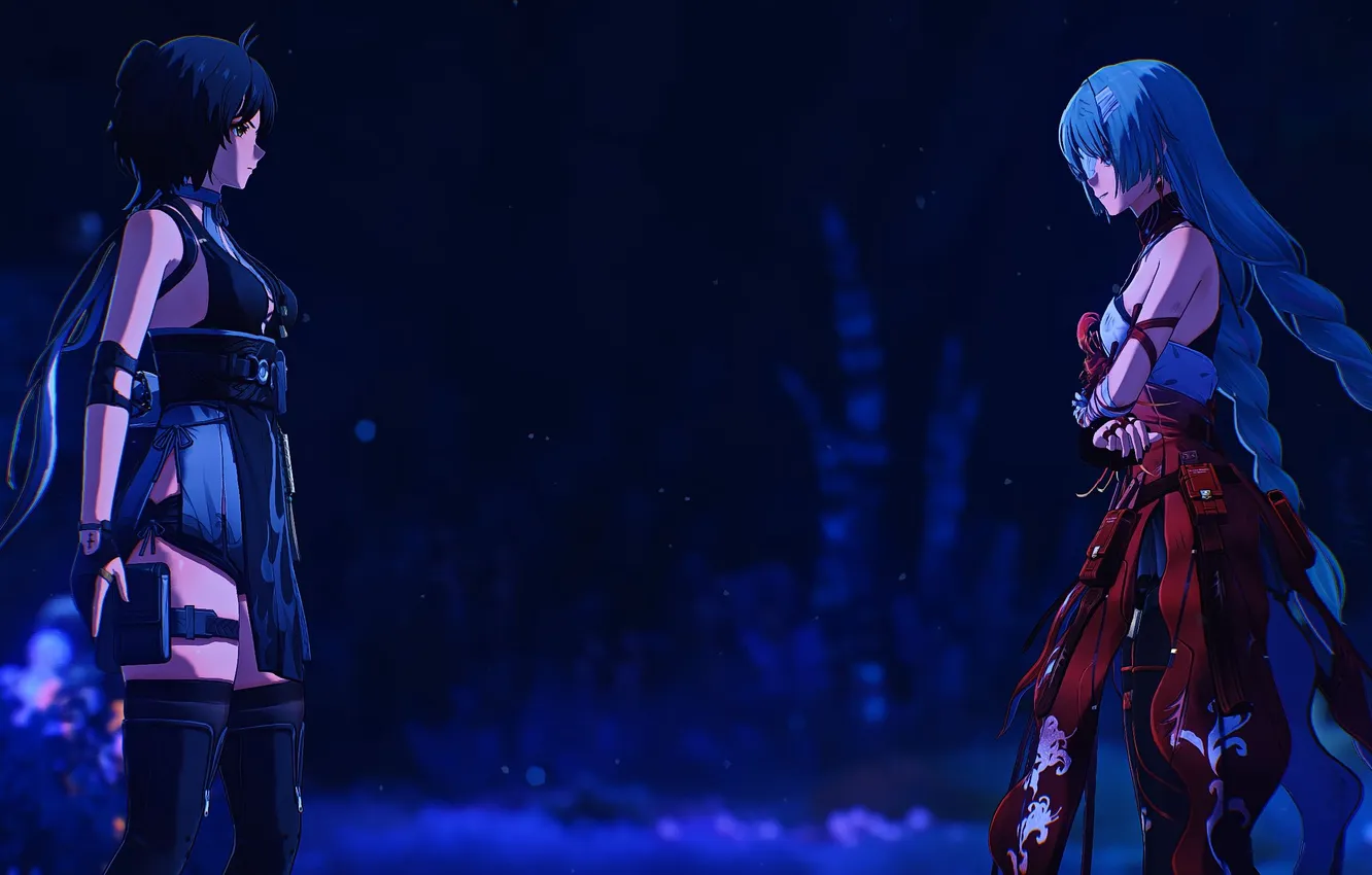 Photo wallpaper night, meeting, anime, two girls, anime, anime girls, Anime girl, Havoc