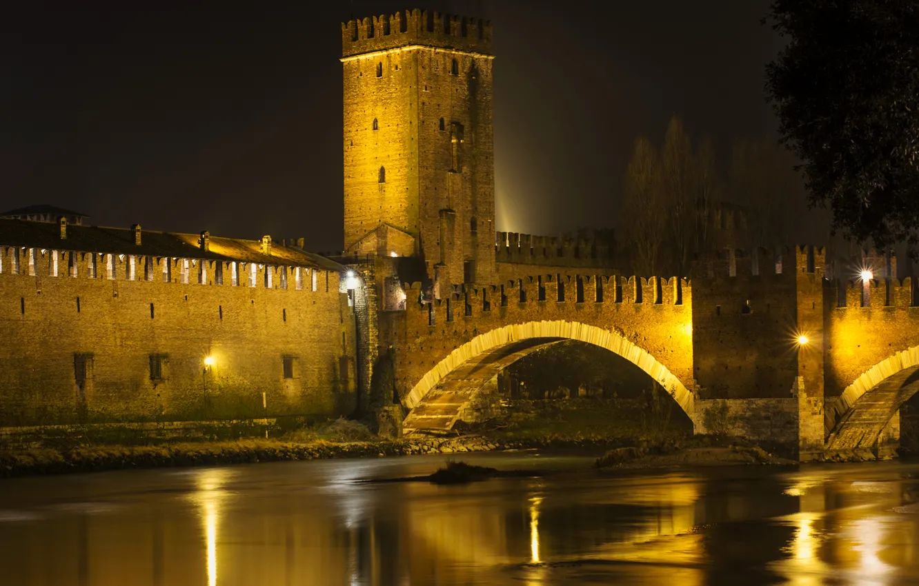 Photo wallpaper night, bridge, lights, river, wall, tower, lights, Italy