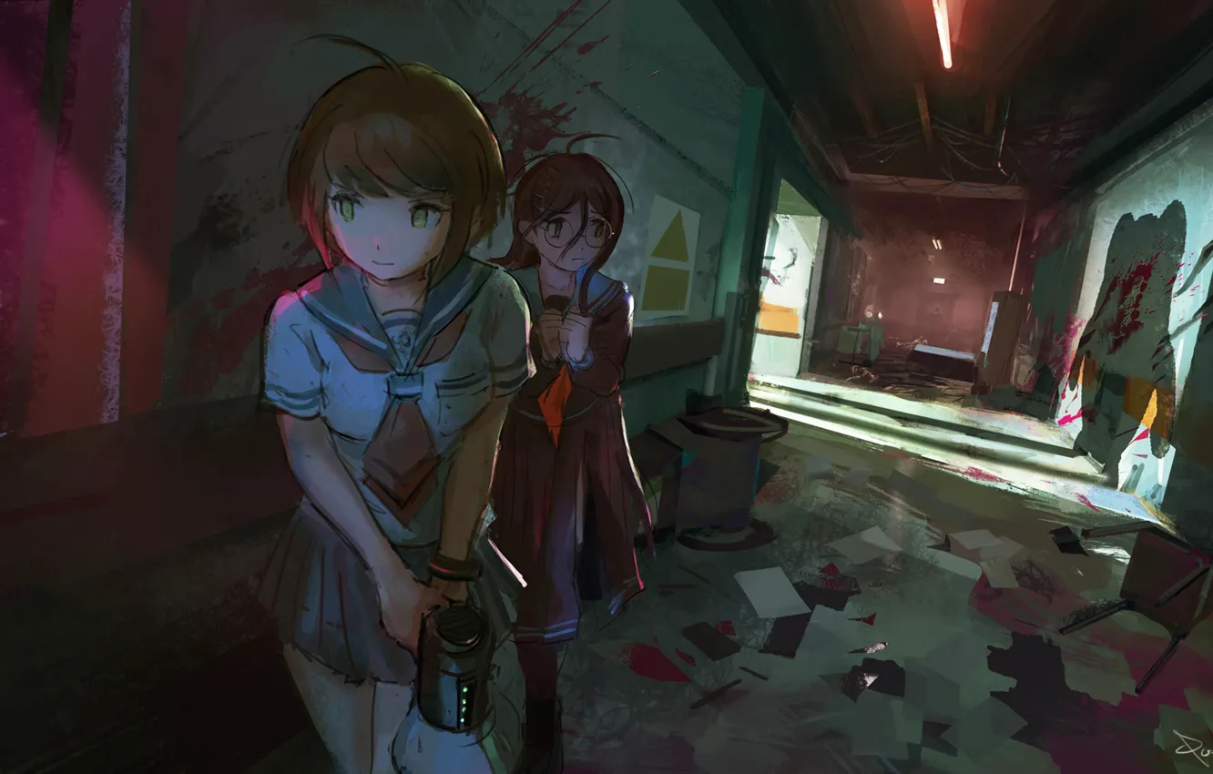 Photo wallpaper fear, devastation, Schoolgirls, in the dark, corridor, a pool of blood, blood on his hands, …