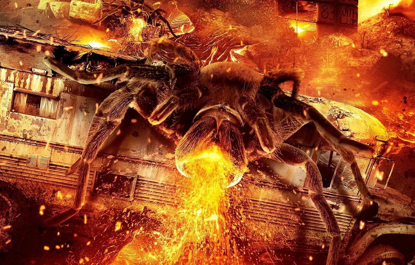 Photo wallpaper city, cinema, spider, fire, flame, chaos, movie, animal