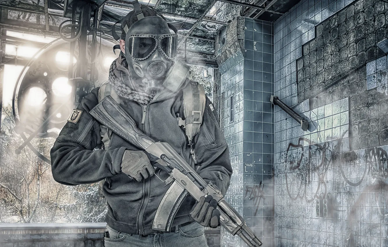 Photo wallpaper face, weapons, background, gas mask, male, assault rifle