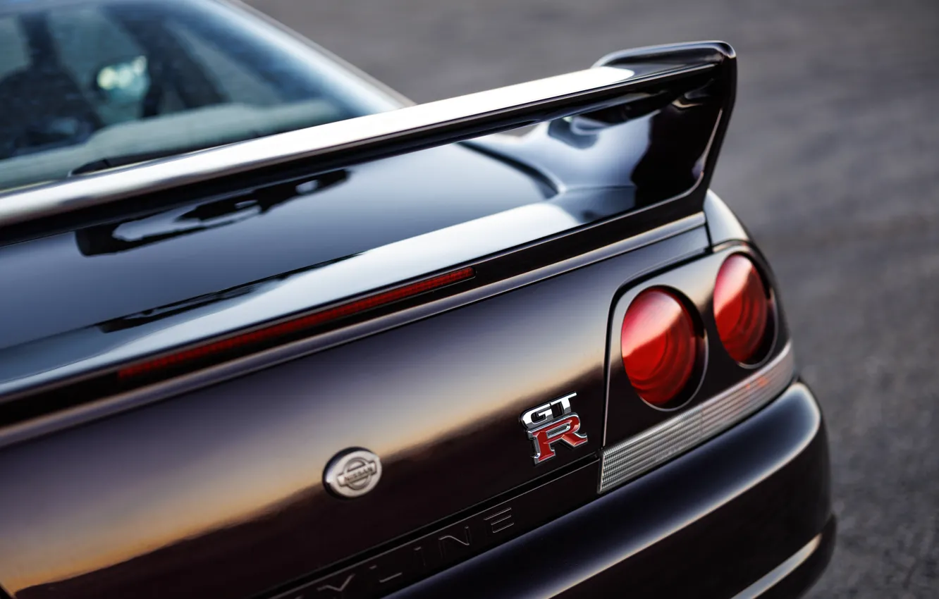 Photo wallpaper logo, Nissan, GT-R, Skyline, R33, Nissan Skyline GT-R, badge, rear wing