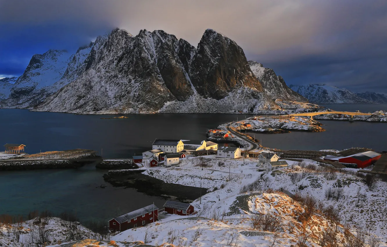 Photo wallpaper sea, landscape, mountains, nature, rocks, home, morning, Norway