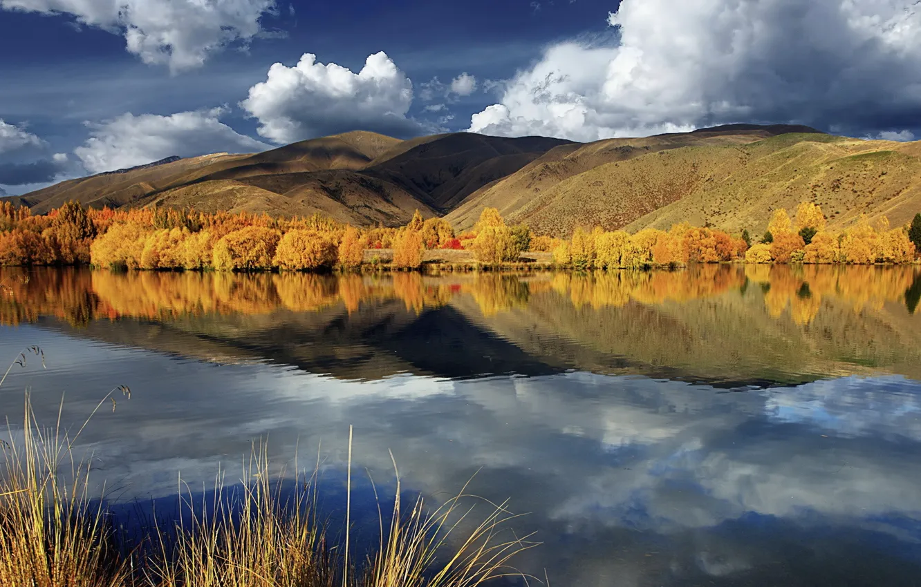 Photo wallpaper autumn, clouds, trees, lake, reflection, hills