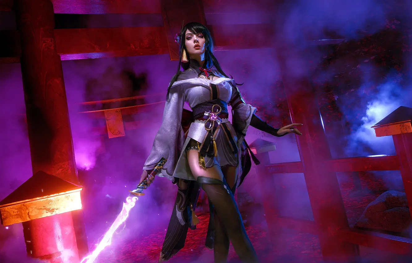 Photo wallpaper cosplay, cosplay, Raiden, Shogun, xenon, Genshin Impact, Alin Ma, Raiden Shogun