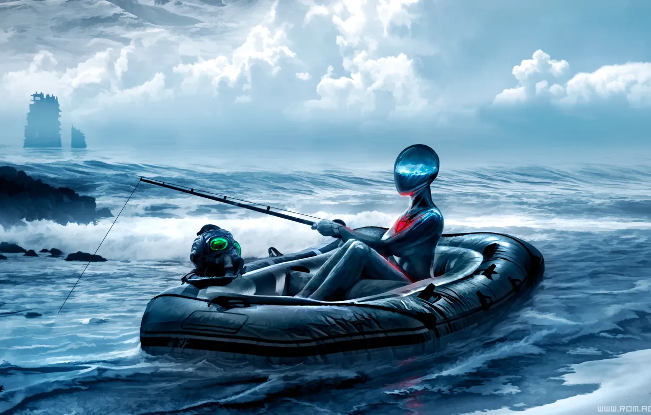 Photo wallpaper wave, boat, fishing, rod, Romantically Apocalyptic, tension