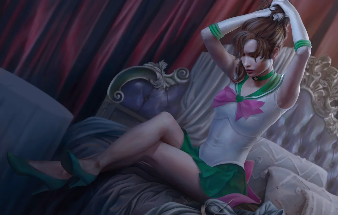 Photo wallpaper girl, feet, anime, dress, art, bed, Sailor Moon, sailor jupiter