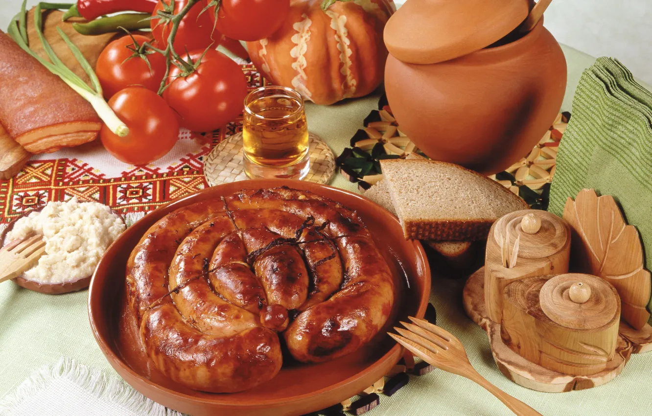 Photo wallpaper sausage, bread, pumpkin, pepper, vegetables, tomatoes, bread, pot