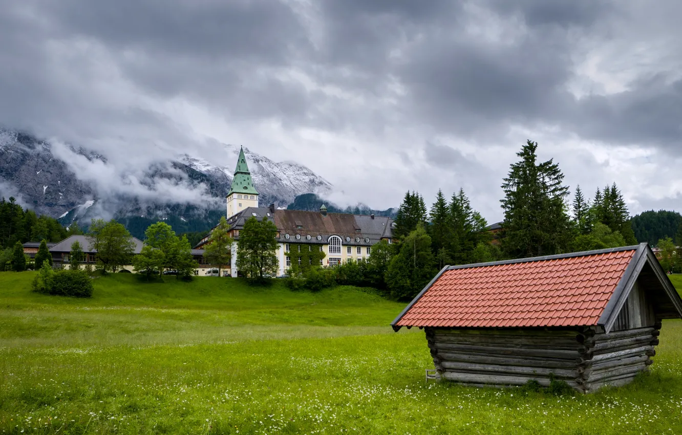 Photo wallpaper mountains, castle, Germany, Bayern, meadow, house, the hotel, Germany