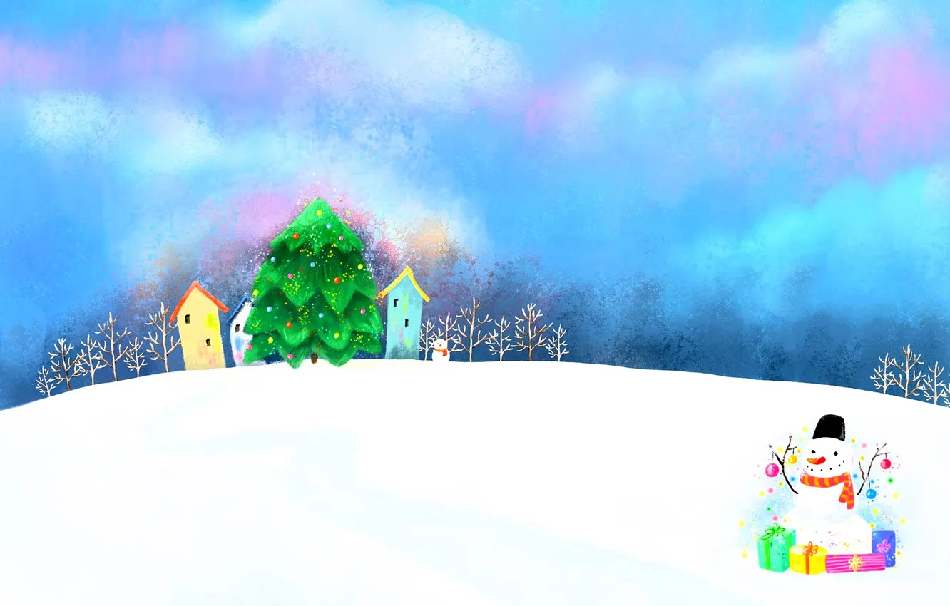 Photo wallpaper tree, gift, snowman, snow, home, trees, clouds