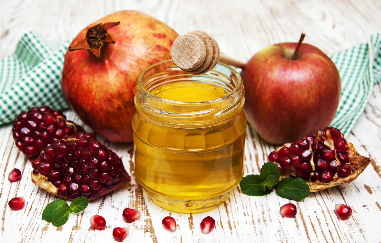 Photo wallpaper table, apples, honey, Bank, fruit, napkin, bokeh, garnet