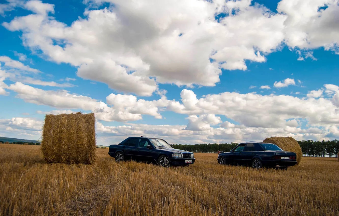 Photo wallpaper field, nature, Mercedes-Benz, stack, village, Mercedes, Benz, Mercedes