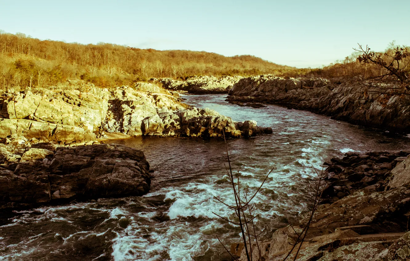 Photo wallpaper river, sky, water, rocks, Flow