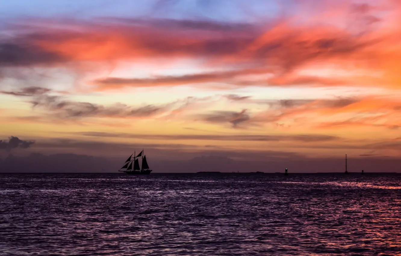 Photo wallpaper sea, sunset, sailboat