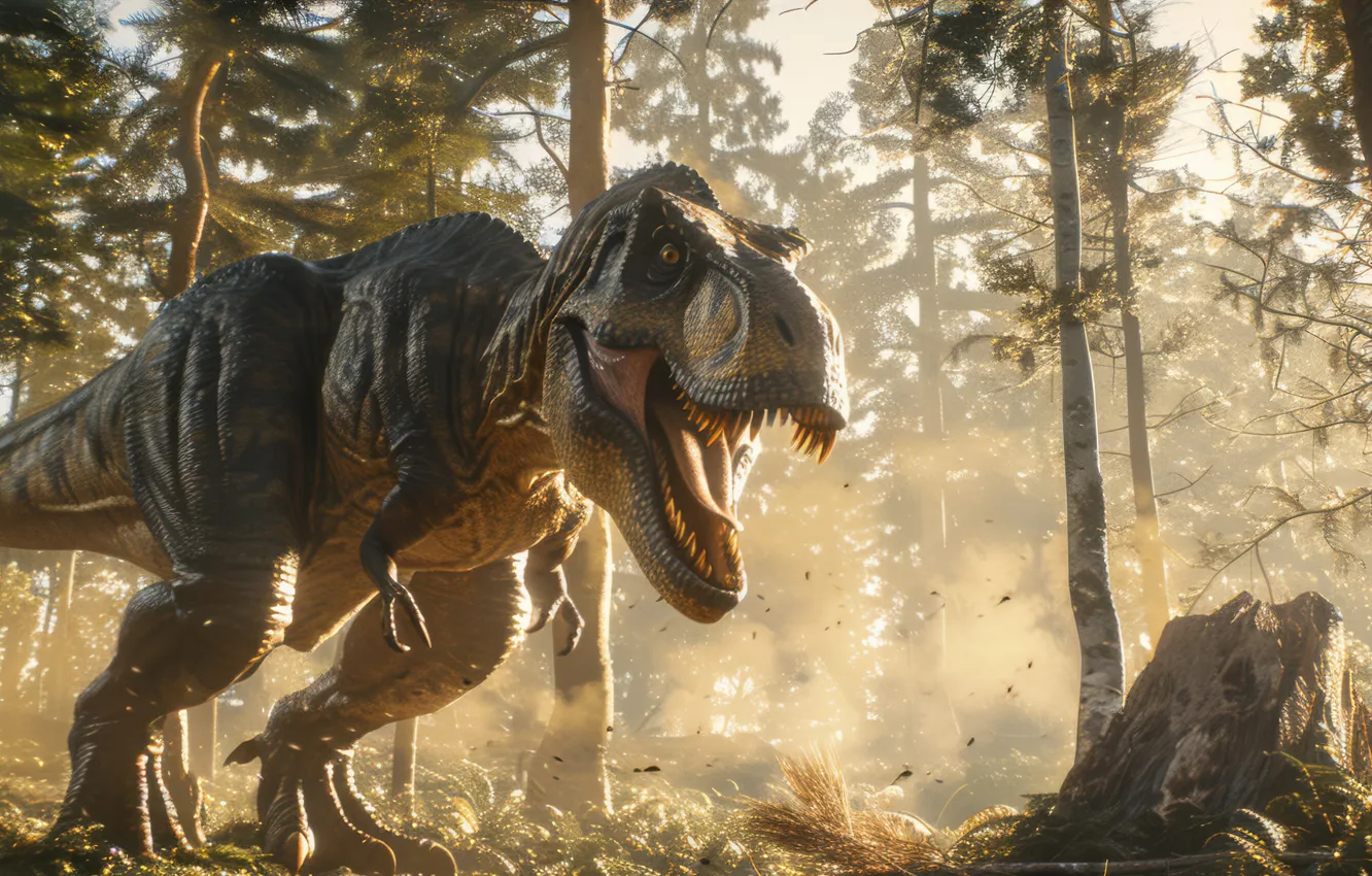 Photo wallpaper trees, animal, dawn, dinosaur, predator, teeth, grin, Tyrannosaurus