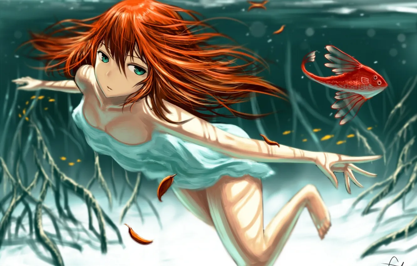 Photo wallpaper girl, fish, roots, anime, art, under water, gia