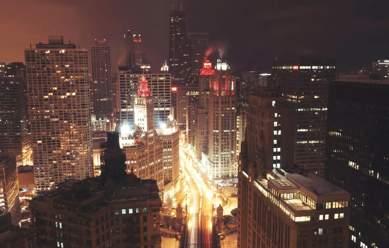 Photo wallpaper night, lights, building, height, skyscrapers, the evening, Chicago, America