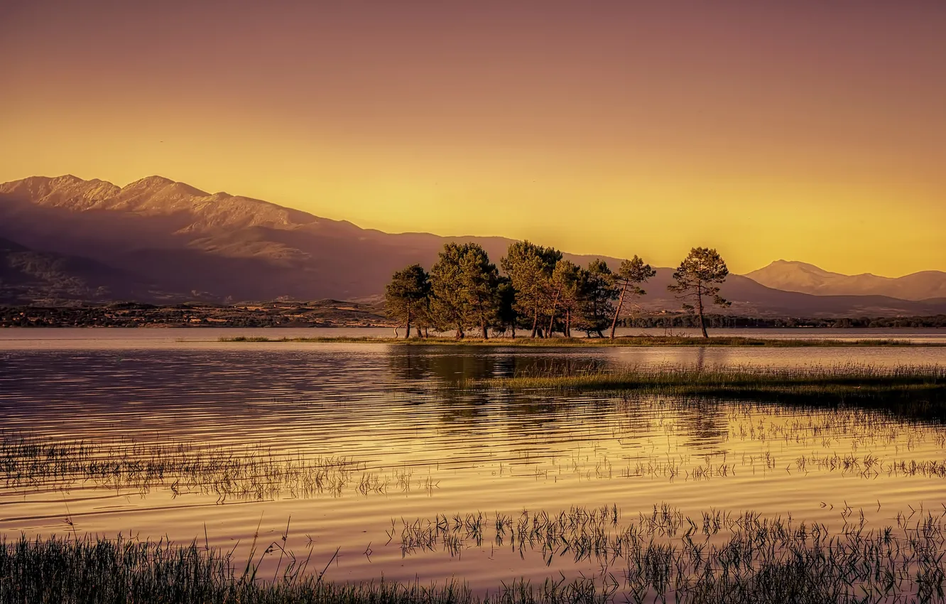 Photo wallpaper trees, mountains, lake, reflection, mirror, silhouette, twilight