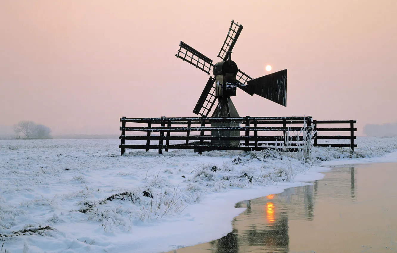 Photo wallpaper winter, snow, frost, mill, windmills, river, blades, weathervane