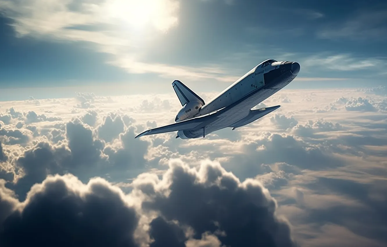 Photo wallpaper clouds, flight, USSR, Buran, space Shuttle, digital art, AI art, The Art of Artificial Intelligence