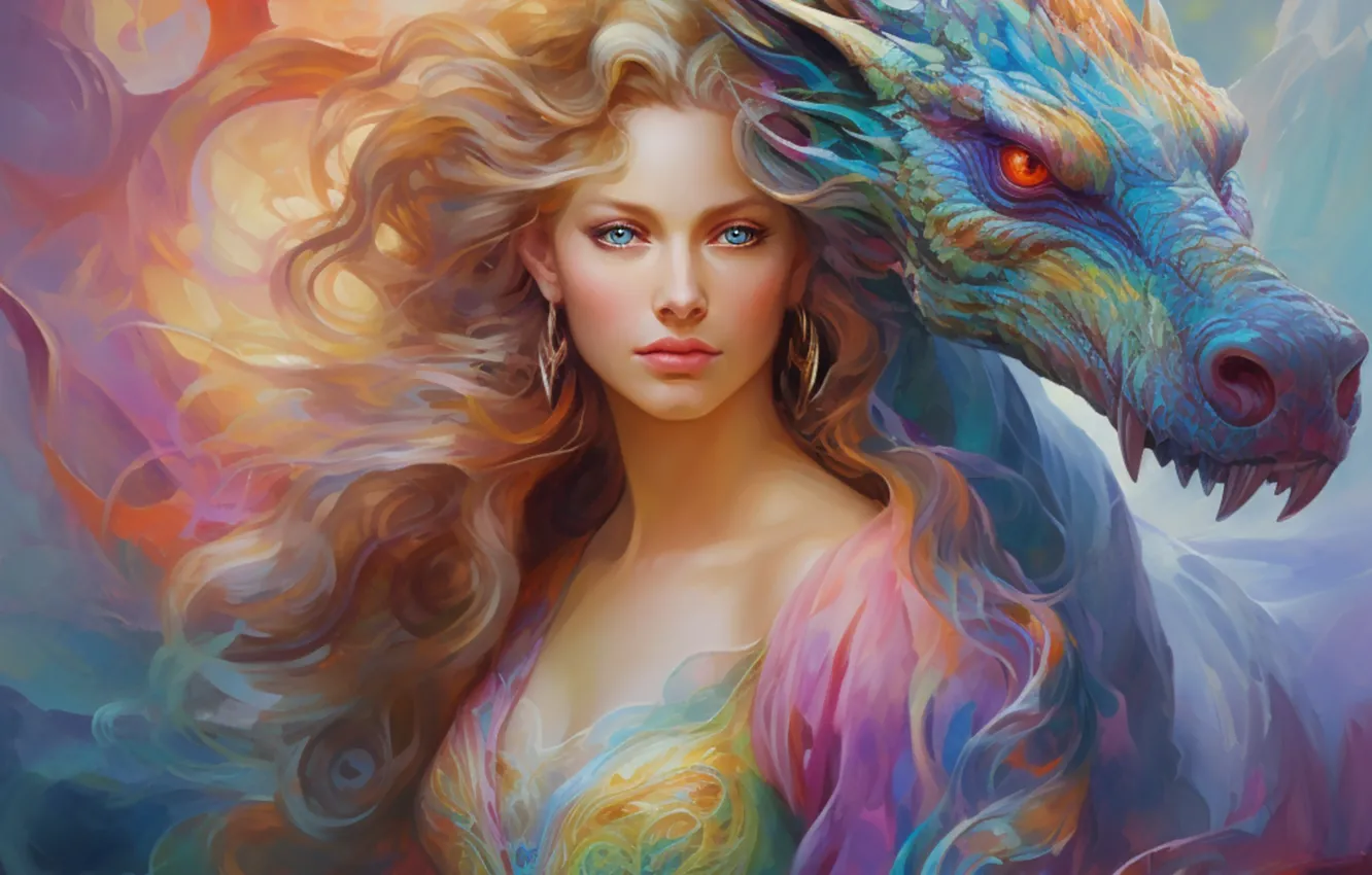 Photo wallpaper look, girl, dragon, blonde, blue eyes, curls, the colors of the rainbow, AI art
