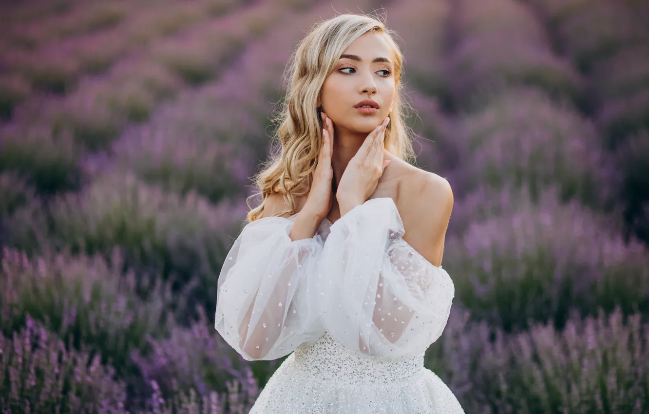Photo wallpaper summer, look, girl, flowers, portrait, hands, blonde, shoulders