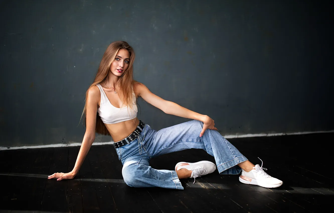 Photo wallpaper girl, pose, jeans, topic, long hair, on the floor, Dmitry Shulgin