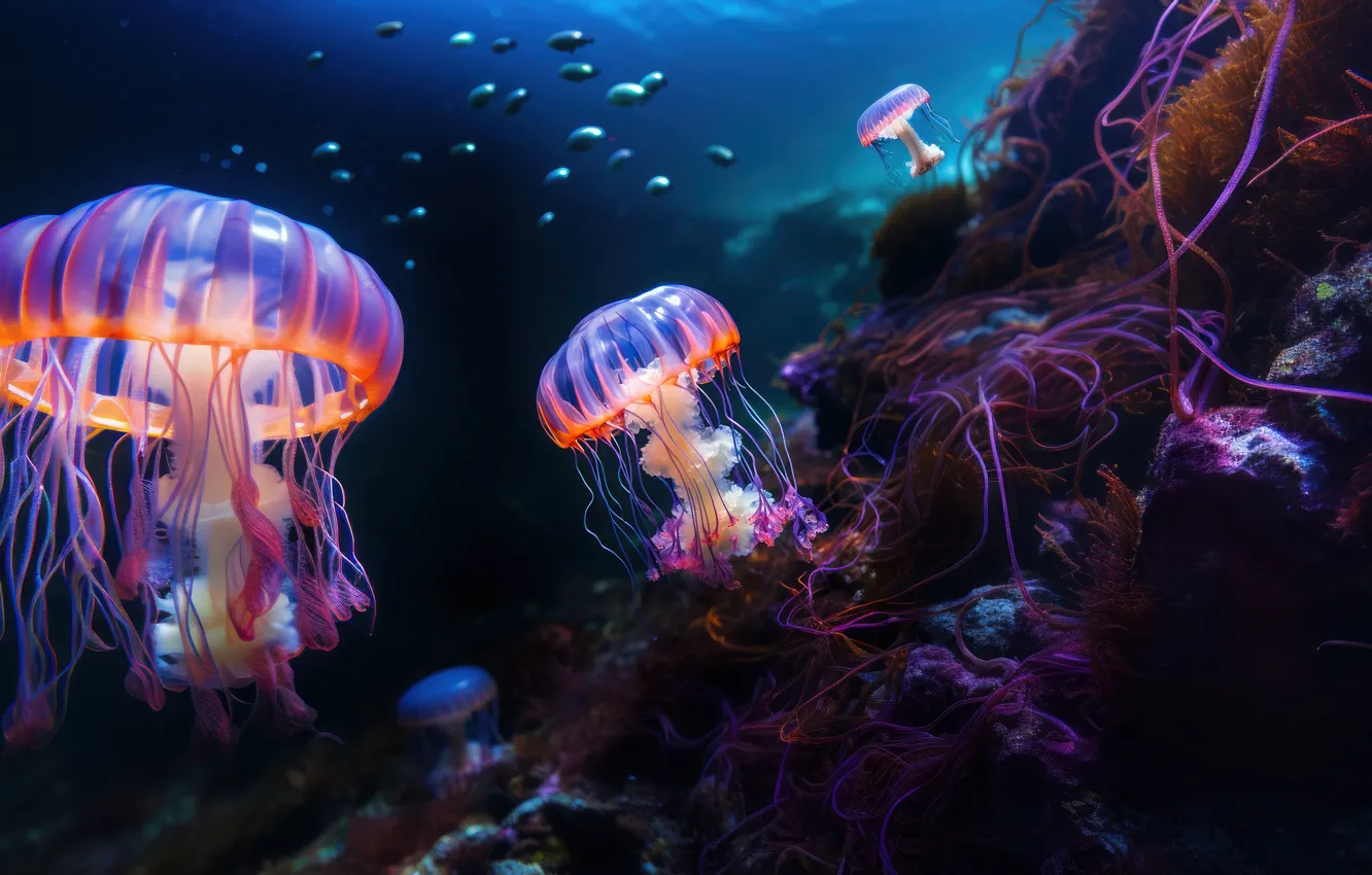 Photo wallpaper Nature, Underwater, Ocean, Surreal, AI art, Coral reef, Jellyfishes
